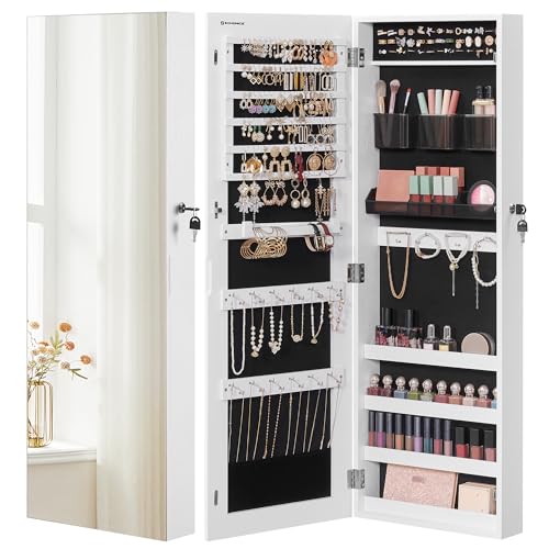 Hängender SONGMICS Schmuckschrank, abschließbar, mit Ganzkörperspiegel und Make-up-Organizern