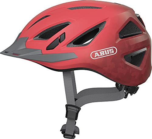 ABUS Urban-I 3.0 Fahrradhelm, Größe L, Koralle, mit Rücklicht, Schirm und Magnetverschluss für Damen und Herren