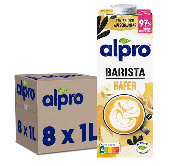 Alpro barista haferdrink 8 x 1l zum aufschäumen, nur 1,68 je packung