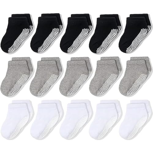 cozyway rutschfeste knöchel socks für kleinkinder, 15er pack, schwarz/weiß/grau, 3-5 jahre
