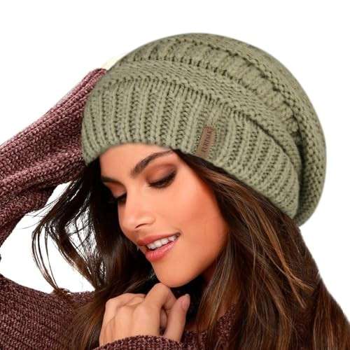 Damen Beanie Mütze Grün Mischen, Warme Gefütterte Strickmütze, Einheitsgröße