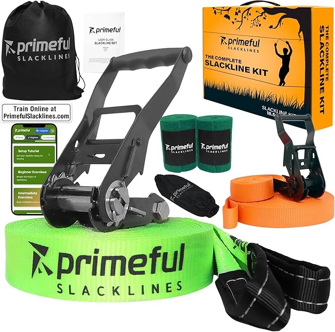 Slackline Set 18,5m von Primeful mit Hilfsseil, Ratsche, Baumschutz - bis 150kg