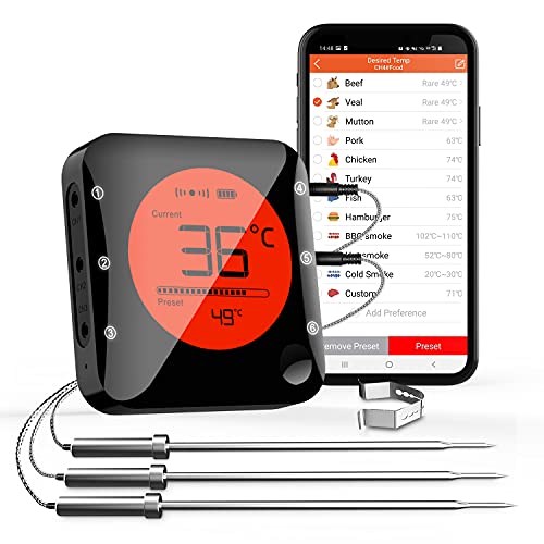 BFOUR Bluetooth Grillthermometer, digitales BBQ Thermometer mit Alarm für Fleisch und Flüssigkeiten