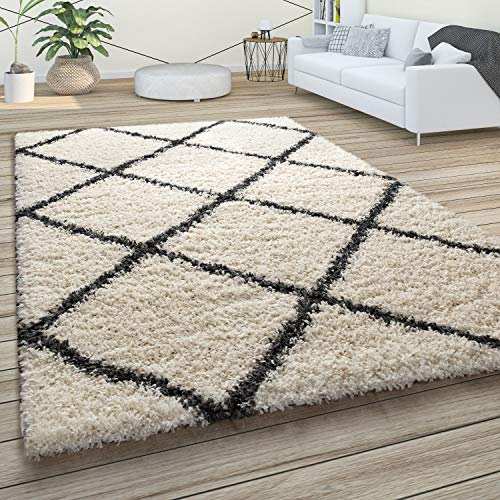 paco home hochflor teppich shaggy rautenmuster creme 150 cm quadrat wohnzimmer schlafzimmer