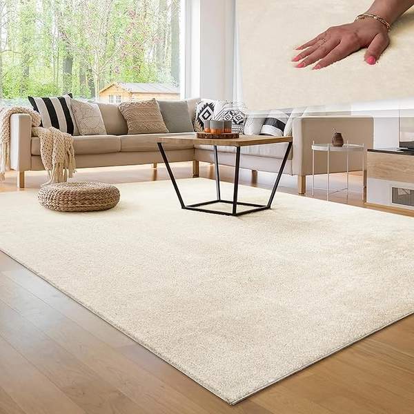 paco home waschbarer teppich kurzflor rutschfest flauschig einfarbig creme 60x100 cm