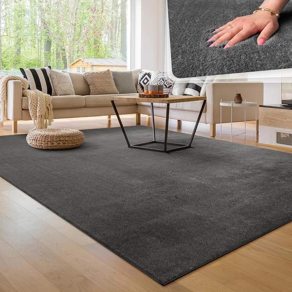 Paco Home Waschbarer Teppich 160x220 cm, Anthrazit, Kurzflor, rutschfest, flauschig, modern für Wohnzimmer Schlafzimmer