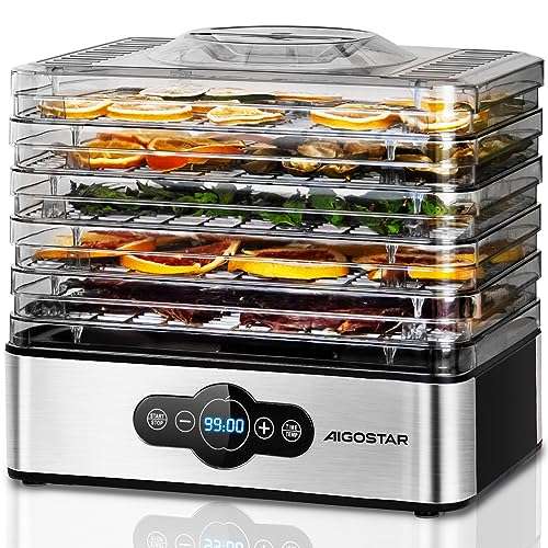 Aigostar 240 W Edelstahl Dörrgerät mit Temperaturkontrolle, 5 Fächern, 99 Std. Timer, BPA-frei für Fleisch, Obst, Gemüse