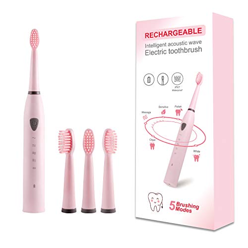 sonic zahnbürste wiederaufladbar mit 5 modi, 4 zahnköpfen, 30 tage akku, rosa