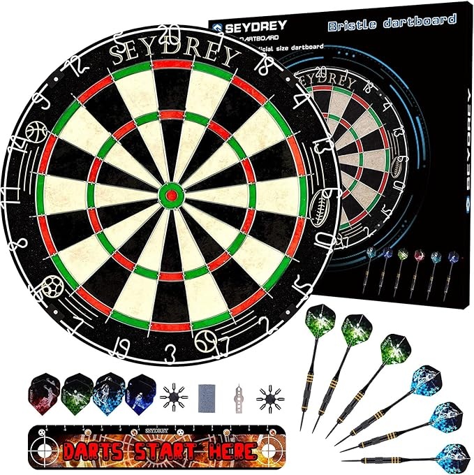 Produktbild: Seydrey Dartscheibe Kork Steeldart Set mit 6 Pfeilen und 12 Flights