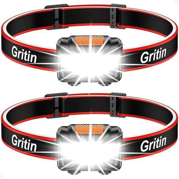 Gritin Stirnlampe LED [2 Stück] - Superhell, 3 Modi, IPX5 wasserfest, leicht