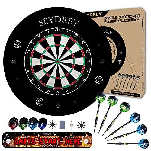 seydrey dartscheibe steeldart set mit 6 dartpfeilen, 12 flights, kork, rotierende nummern