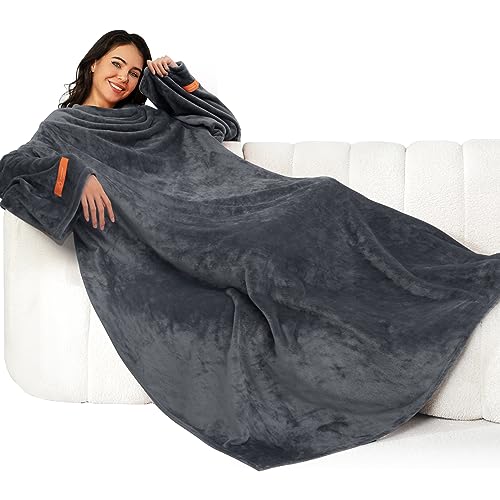 winthome decke mit ärmeln grau 140x170cm flauschig weich tv decke mit klettverschluss