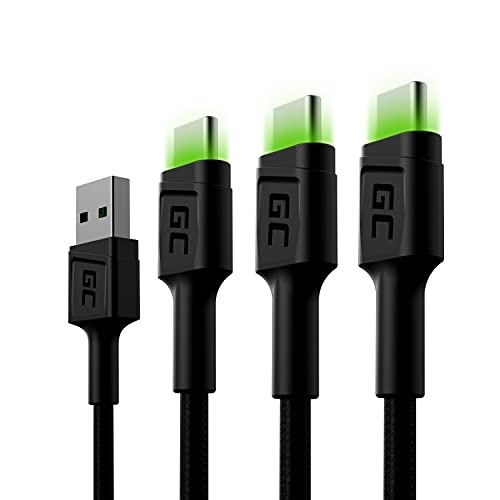 Green Cell 3x USB-A zu USB-C 2m Kabel SET mit LED, Schnellladekabel für Samsung Galaxy S23, S22, S21, S20, S10, S9, S8+