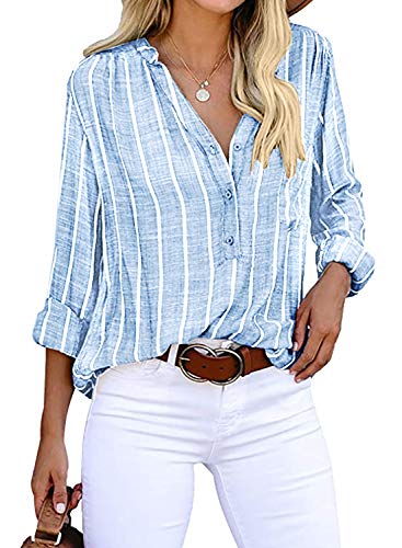 cindeyar damen bluse langarm streifen tunika baumwolle casual shirt blau S