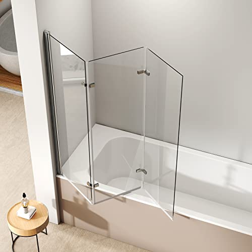 duschwand für badewanne 130x140cm, emke 3-teilig faltbar, 6mm sicherheitsglas