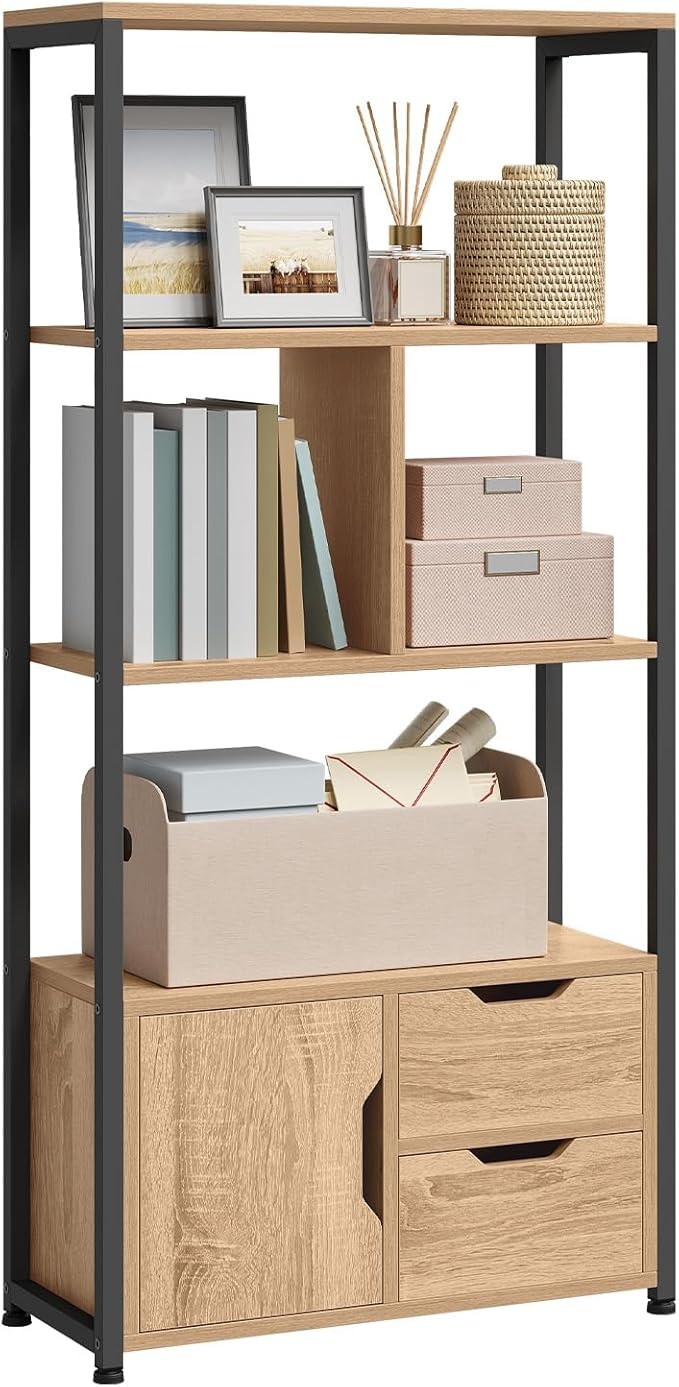 Bücherregal mit Schrank und Schubladen, Metall, Eisenrahmen, 58x24x120cm