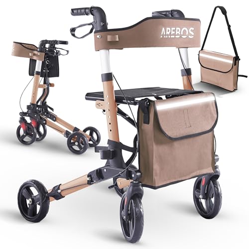 arebos rollator aluminium leichtgewicht, faltbar, 6-fach höhenverstellbar, mit einkaufstasche, braun