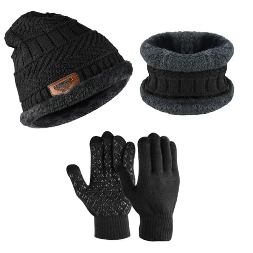 PERFETSELL wintermütze set warm strickmütze beanie schal handschuhe nackenwärmer schwarz