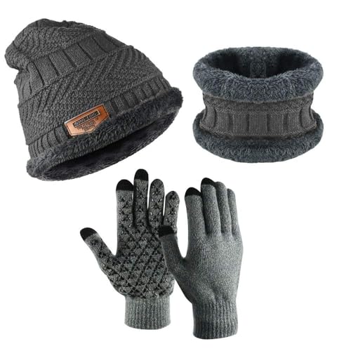 perfetsell wintermütze set strickmütze beanie fleece haube schal handschuhe grau