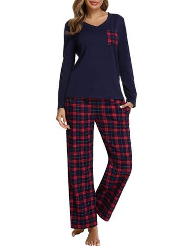 Produktbild: iClosam schlafanzug damen lang pyjama set baumwolle v-ausschnitt langarm loungewear