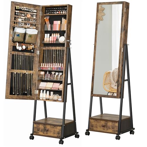 songmics standspiegel schmuckschrank mit schublade und rollen, abschließbar