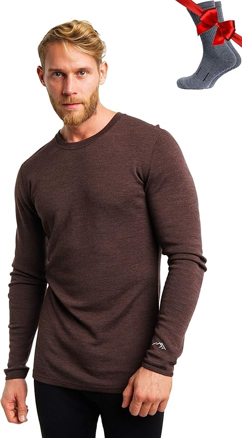 Merino Unterwäsche Herren Langarmshirt Atmungsaktiv + Wollsocken 250 Chocolate L