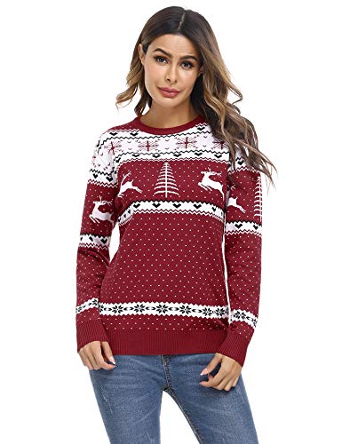 Irevial Weihnachtspullover Damen lustiger Rentier Strickpullover rot S Langarm