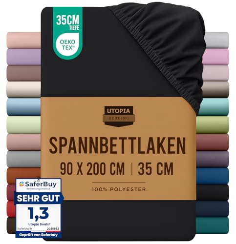 Spannbettlaken 90x200cm Schwarz - Gebürstete Mikrofaser - 35 cm Tiefe Tasche