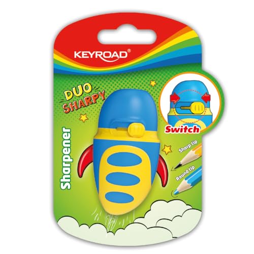Kunststoffspitzer, rund und scharf, Kinderspitzer Blau/Gelb, verdeckte Klinge, Keyroad