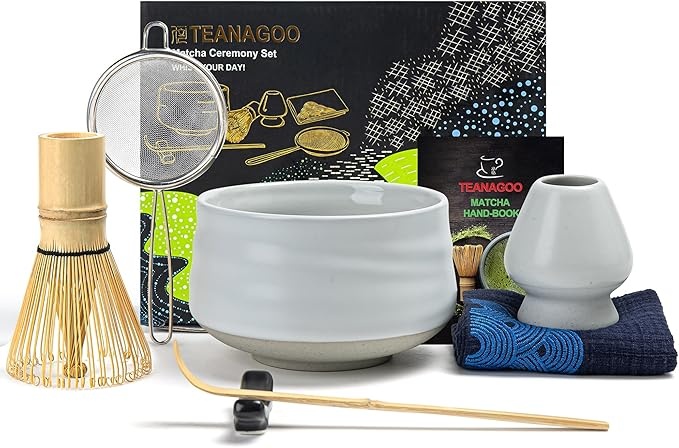 TEANAGOO Matcha Set 7-teilig, Matcha Besen, Schale, Schaufel, Sieb, Elfenbeinweiß