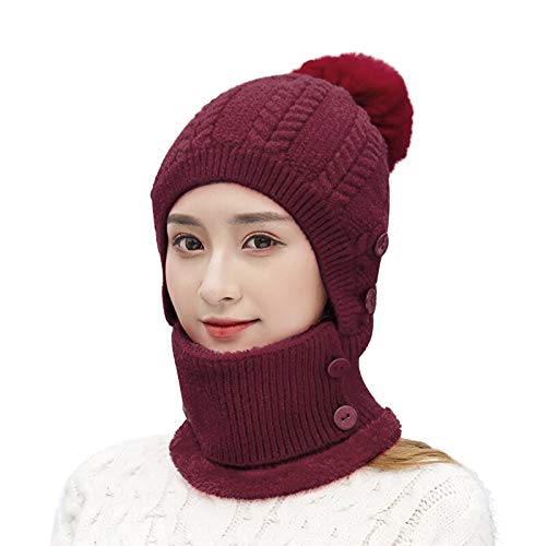 YJZQ Damen Strickmütze 3 in 1 Fliegermütze mit Ohrenschutz und Schal, Winter Beanie