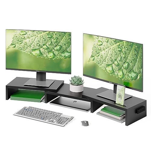 bontec monitor stand, dual monitor riser mit smartphone halter, verstellbar, holz