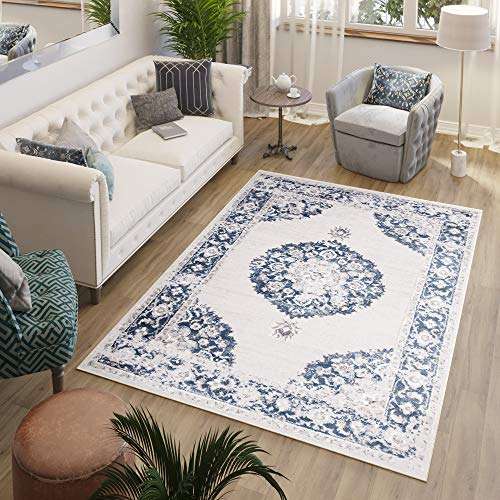 tapiso laos teppich kurzflor creme dunkelblau hellgrau vintage rosette 300 x 400 cm