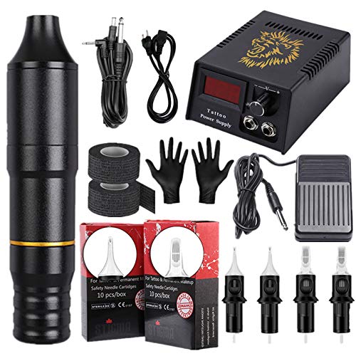 GJXJY Tattoo Maschine Pen Set, Profi Tätowiermaschine mit 20 verstellbaren Nadeln und digitalem Netzteil, starker Motor