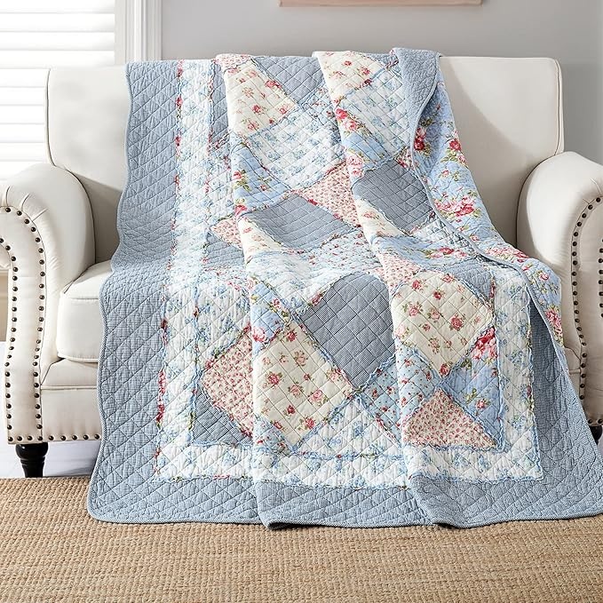 qucover patchworkdecke baumwolle 140x200cm zweiseitige decke blumenmuster blau