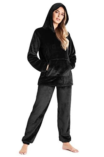 CityComfort schlafenanzug damen lang flauschig warm winter fleece pyjama schwarz L