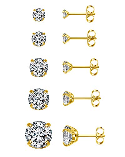 Ohrringe Gold Edelstahl Zirkonia Stecker 3mm-8mm Unisex 5 Paar Piercing
