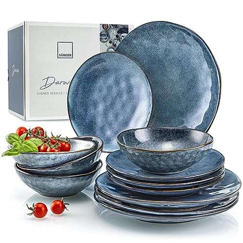 Tafelservice Darwin 12 tlg, blaues steingut geschirrset für 4 personen, handmade