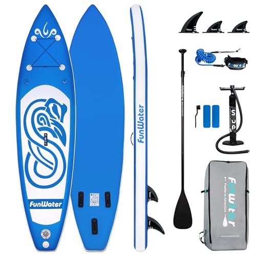 stand up paddling board funwater aufblasbar mit paddel, flossen, rucksack, pumpe, leash