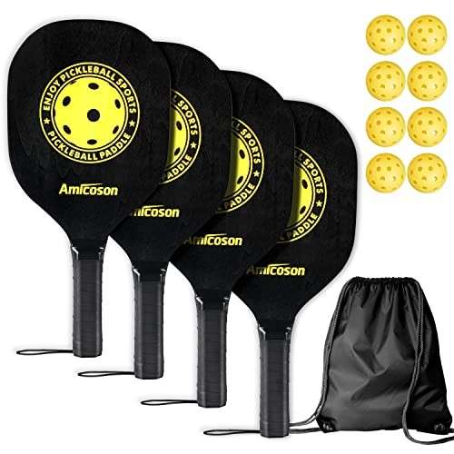 Amicoson Pickleball Set mit 4 Paddeln, 8 Bällen und Tragetasche, Ergogriff