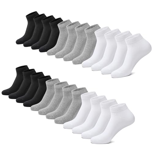 FALARY Sneakersocken Damen/Herren 12 Paar Baumwolle Schwarz Weiß Grau 35-38