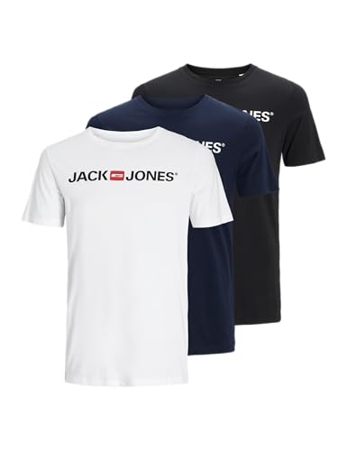 jack & jones herren t-shirt jjecorp logo 3er pack weiß schwarz navy blazer, L