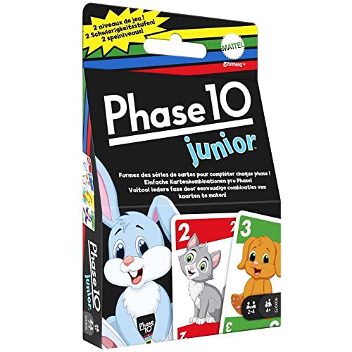 Phase 10 Junior Kartenspiel für 2-4 Spieler ab 4 Jahren mit Tiermotiven, 56 Karten