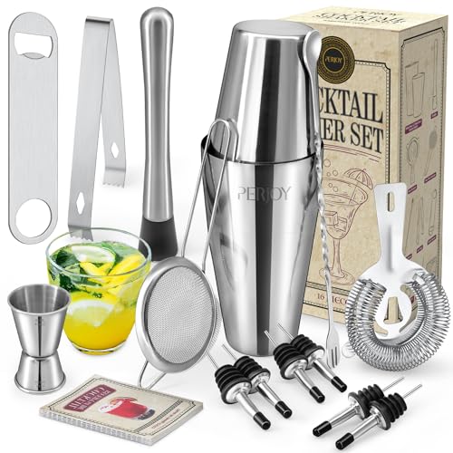 cocktail shaker set 16 teilig mit doppelt jigger, eiszange, muddler, flaschenöffner