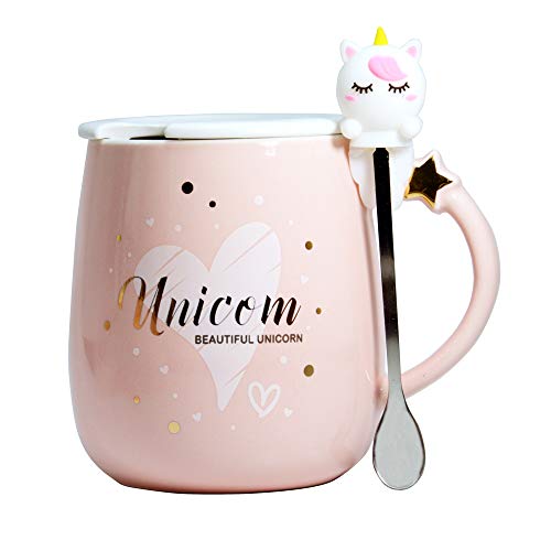 süße einhorn tasse keramik mit deckel und löffel, lustige geschenke für frauen, mädchen, kinder
