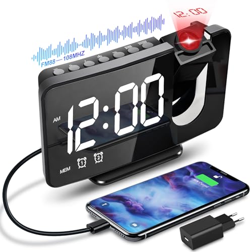 Anykuu projektionswecker mit fm-radio, usb-anschluss, snooze, 3 helligkeitsstufen