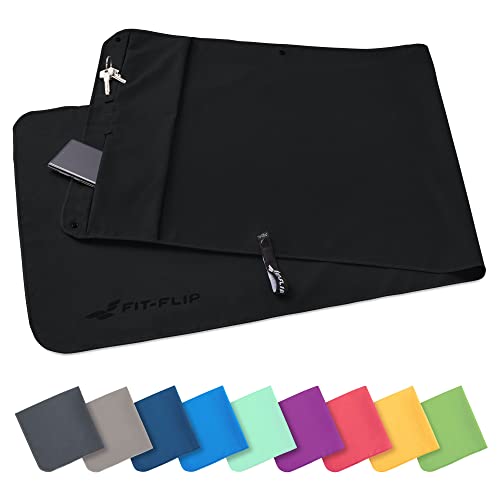 Produktbild: fit-flip fitness handtuch mikrofaser mit magnet und tasche schnelltrocknend schwarz 130x48cm
