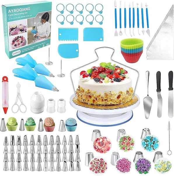 tortenplatte drehbar set mit 132 teilen, kuchen drehteller, dekoration zubehör, spritztüllen, kuchenschaber, gebäckwerkzeug