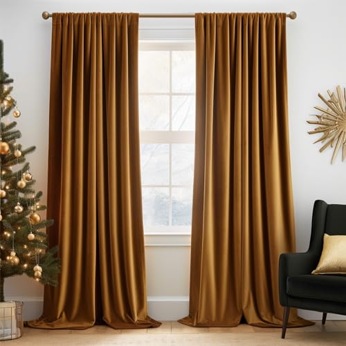 blickdichte samtvorränge von topick für weihnachten, verdunkelungsgardinen 2 stück 130x175 cm gelbbraun