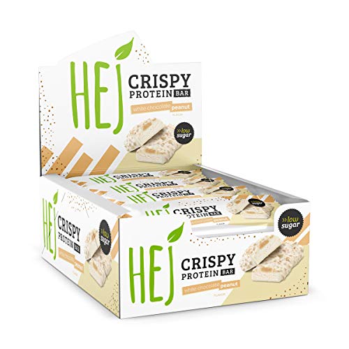 Crispy proteinriegel snack von hej, 12g eiweiß, low sugar, vegetarisch, 12x45g white chocolate peanut